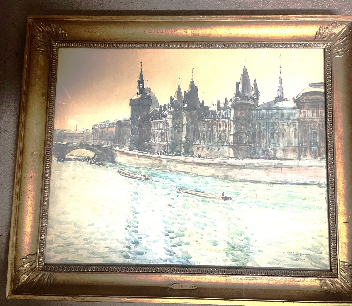Painting By Fernand Fortune Truffaut "view Of Paris - The Seine"-photo-1