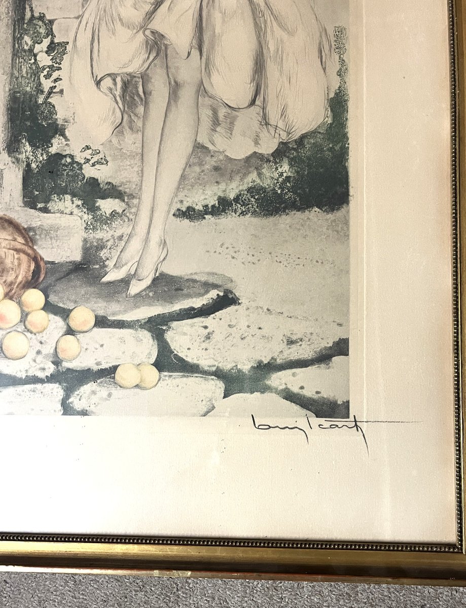 Louis Icart Engraving "woman Looking At An Overturned Basket Of Apples" 1888-1950-photo-2