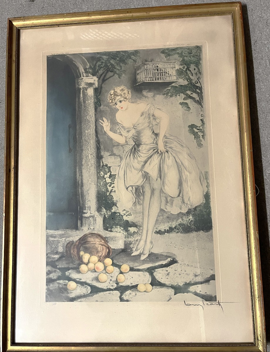 Louis Icart Engraving "woman Looking At An Overturned Basket Of Apples" 1888-1950