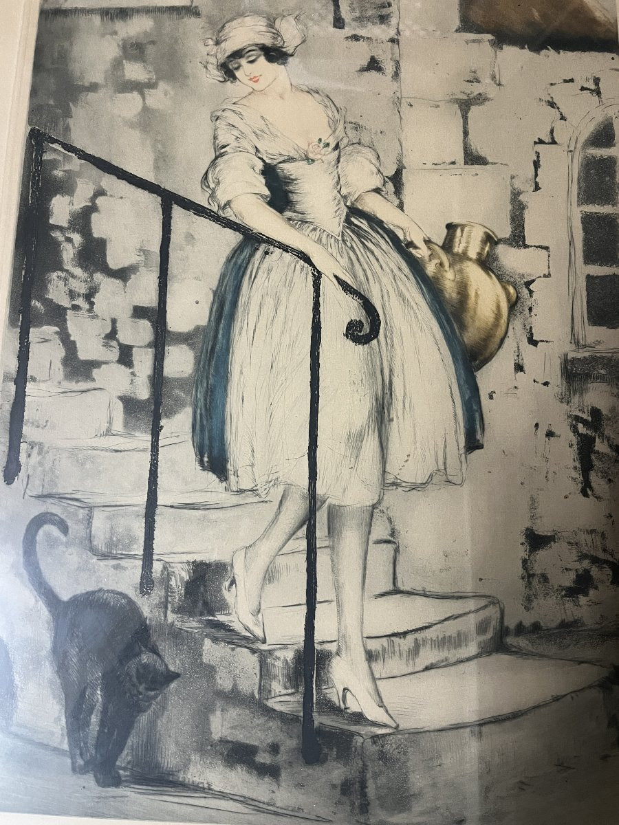 LOUIS ICART GRAVURE   " FEMME AU CHAT"-photo-3