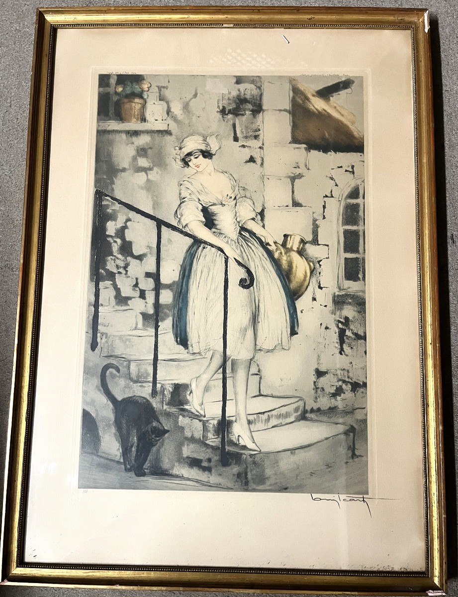 LOUIS ICART GRAVURE   " FEMME AU CHAT"