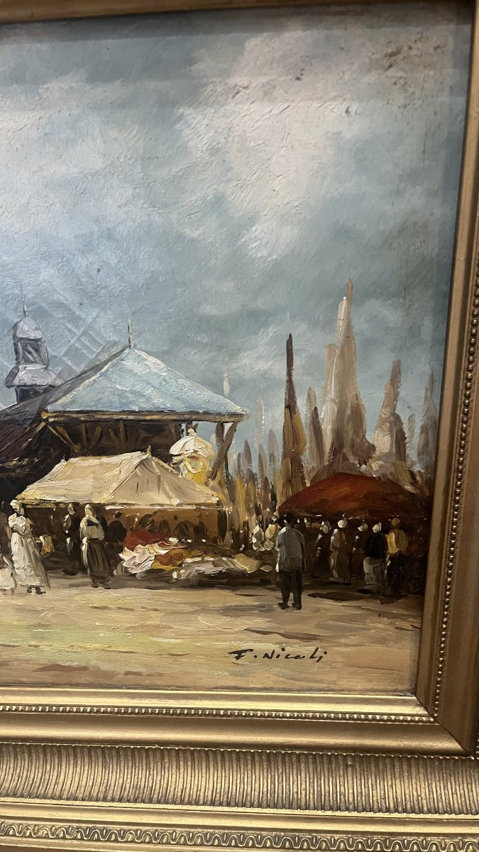 TABLEAU       " UN MARCHE SUR LE PORT" d F. NICOLINI    (BRETAGNE  ?)-photo-3