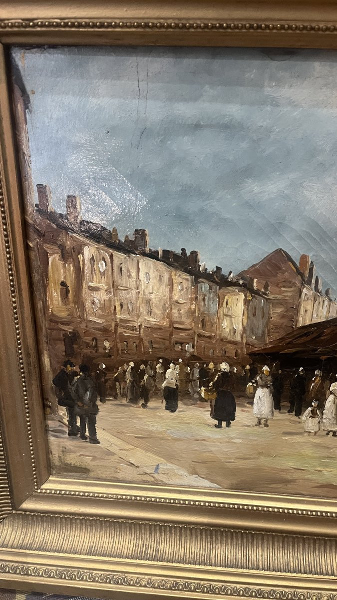 TABLEAU       " UN MARCHE SUR LE PORT" d F. NICOLINI    (BRETAGNE  ?)-photo-4
