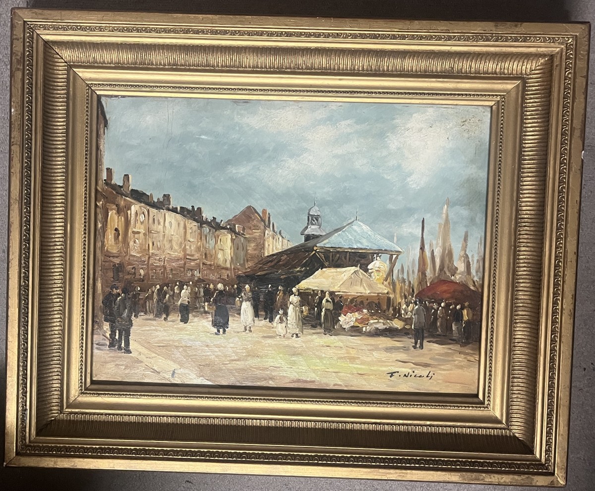 TABLEAU       " UN MARCHE SUR LE PORT" d F. NICOLINI    (BRETAGNE  ?)-photo-1