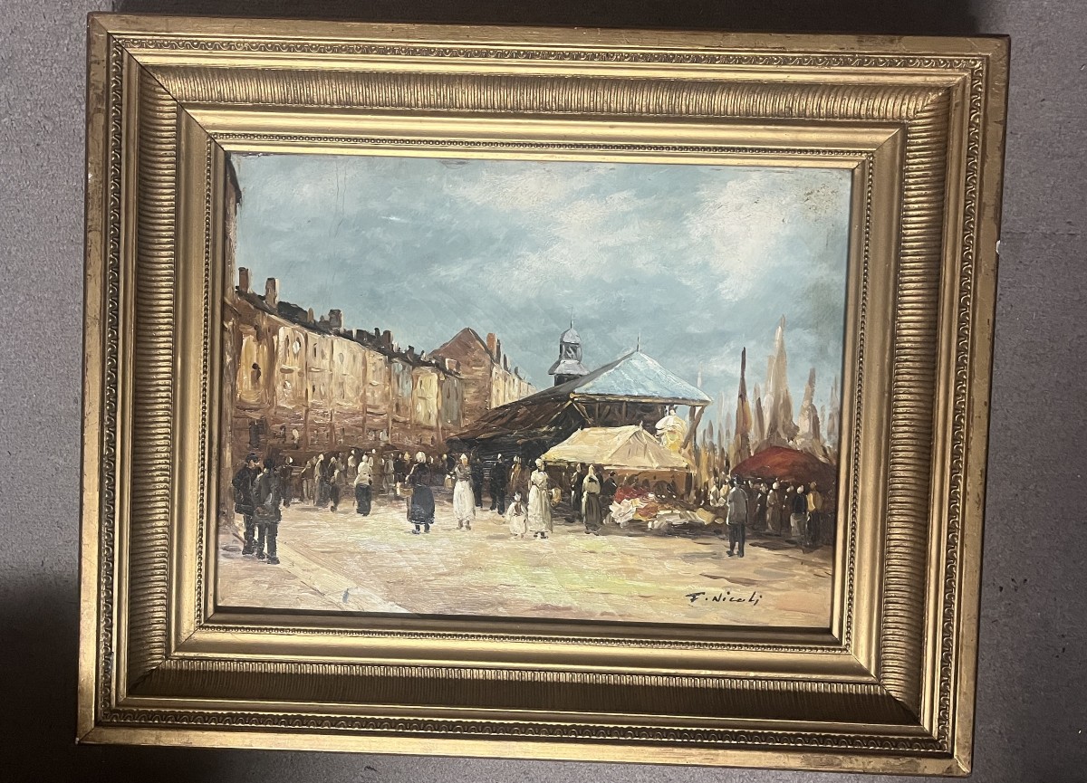 TABLEAU       " UN MARCHE SUR LE PORT" d F. NICOLINI    (BRETAGNE  ?)