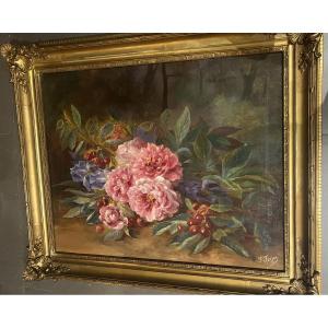 Flower Painting: Peonies And Cherries Signed F. Farjas