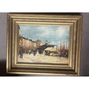 TABLEAU " UN MARCHE SUR LE PORT" d F. NICOLINI (BRETAGNE ?)