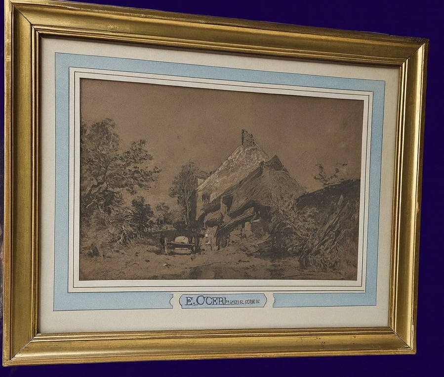 EUGENE CICERI LAVIS SEPIA  SCENE RURALE VERS 1850