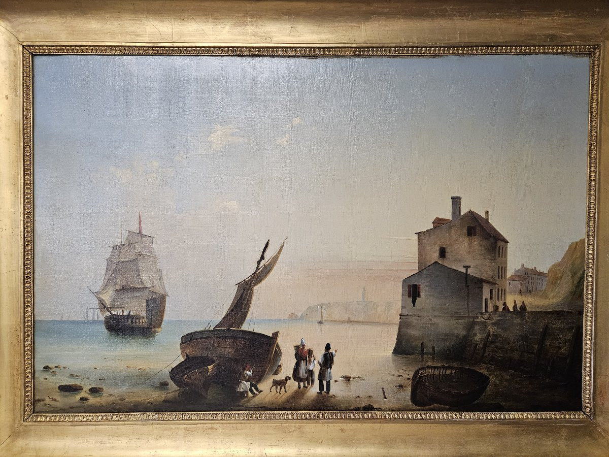 GRANDE MARINE VUE DU PORT DE DIEPPE ECOLE NORMANDE VERS 1860-photo-4