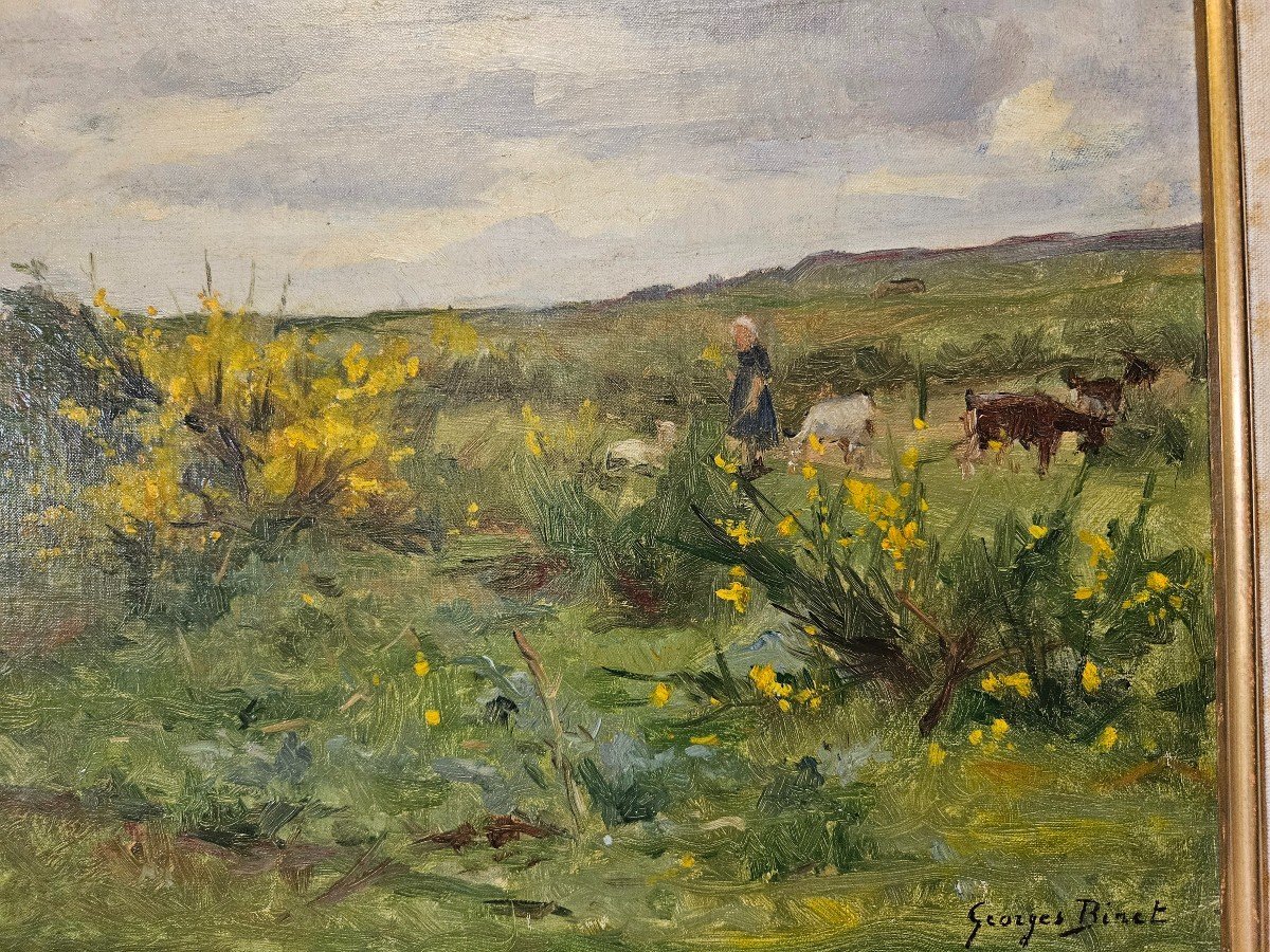 Georges Binet 1865-1940 Shepherdess And Her Flock In A Flowering Landscape-photo-2