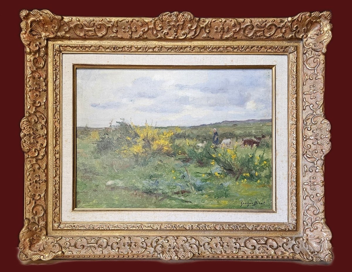 Georges Binet 1865-1940 Shepherdess And Her Flock In A Flowering Landscape