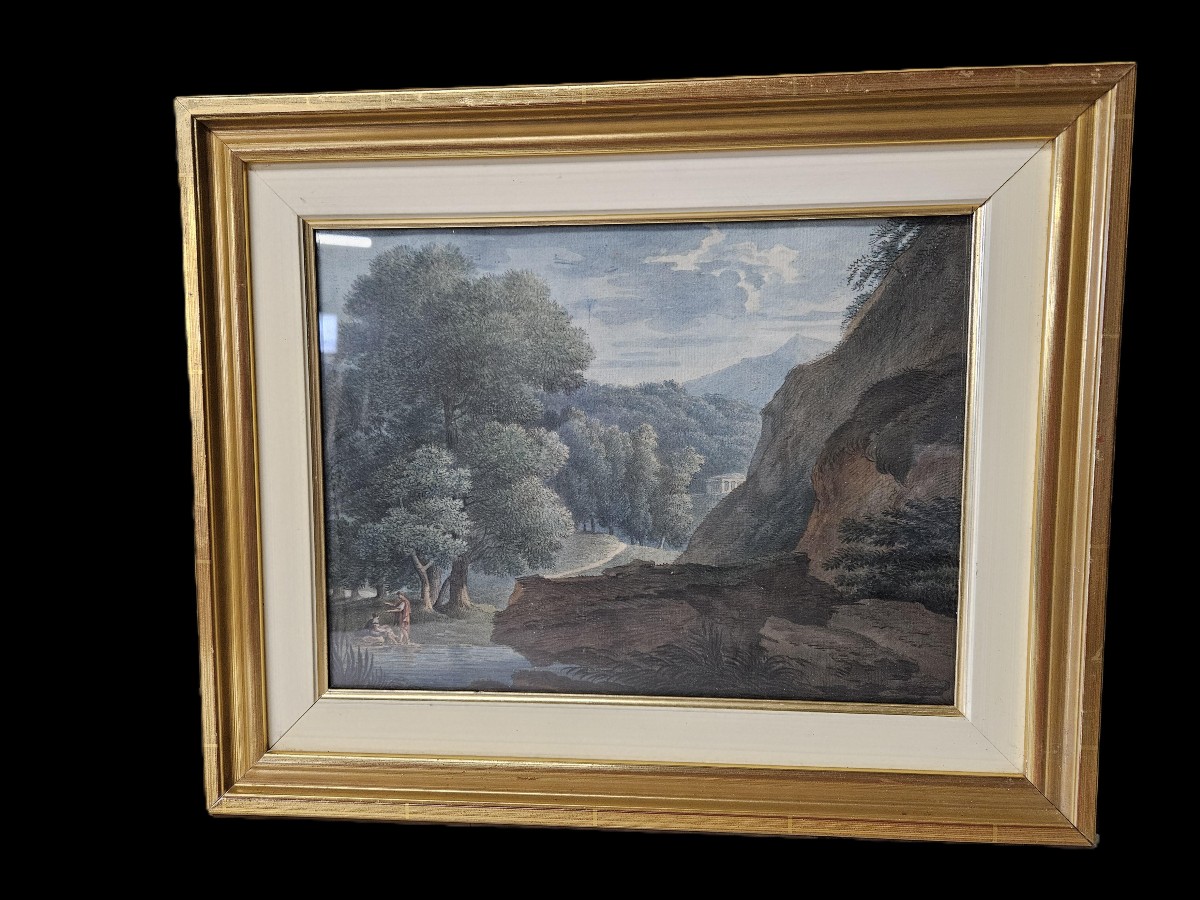 PAIRE D'AQUARELLES PAYSAGES ANIMEES FIN XVIII DEBUT XIX-photo-4