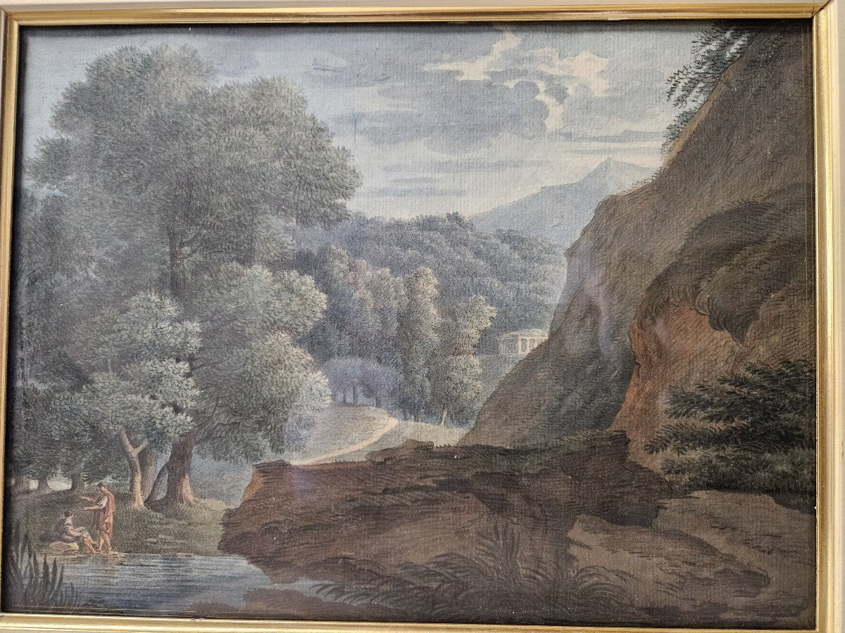 PAIRE D'AQUARELLES PAYSAGES ANIMEES FIN XVIII DEBUT XIX-photo-1