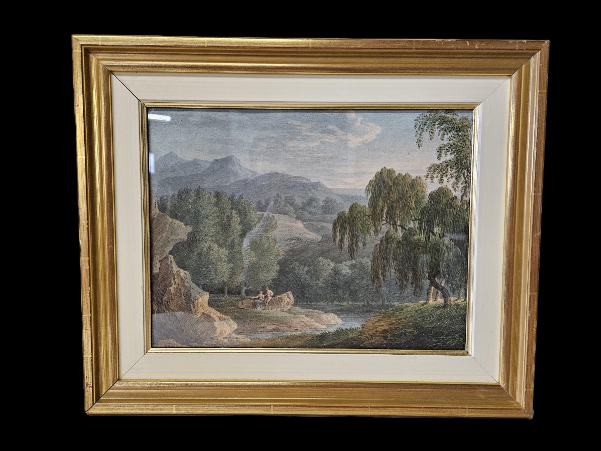 PAIRE D'AQUARELLES PAYSAGES ANIMEES FIN XVIII DEBUT XIX