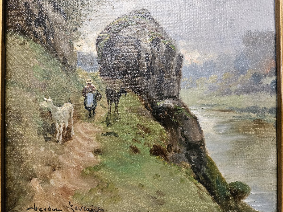 THEODORE LEVIGNE 1848 1912 CHEMIN DE HALAGE AU BORD DE LA RIVIERE-photo-4