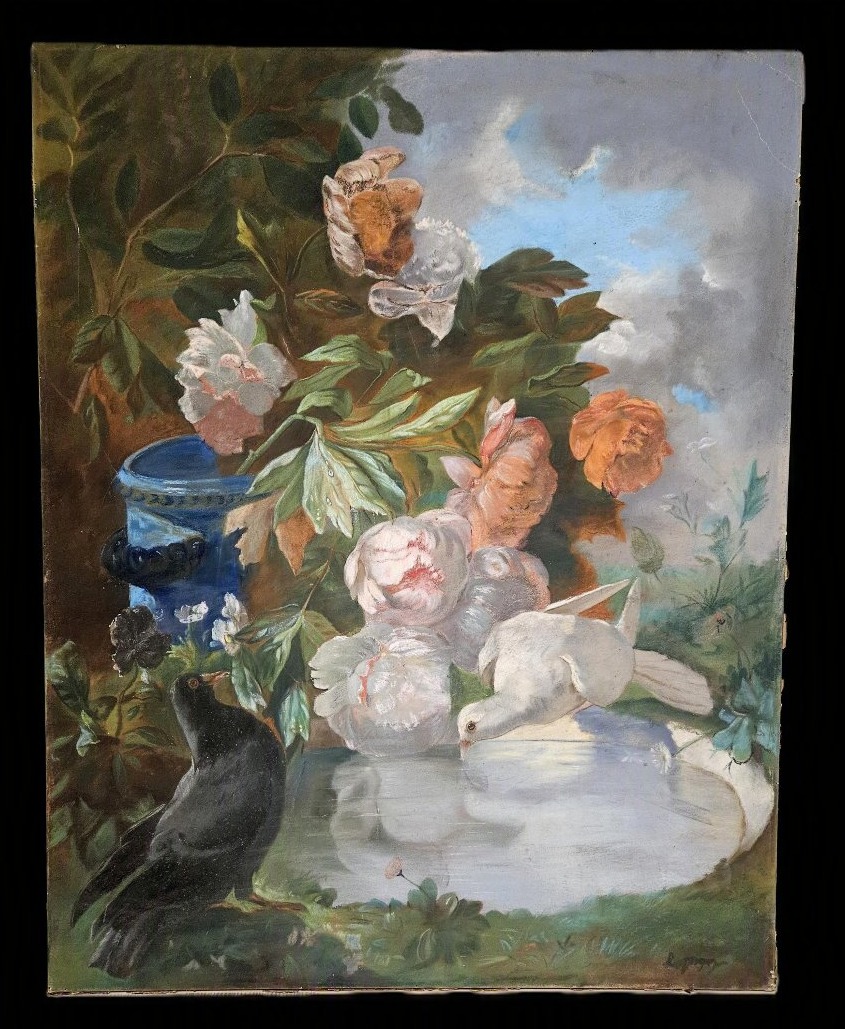 ECOLE FRANCAISE DU XIX  IMPORTANTE NATURE MORTE AUX COLOMBES