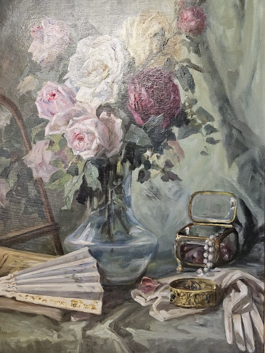 ELEGANTE NATURE MORTE AU BOUQUET DE ROSES VERS 1900-photo-3
