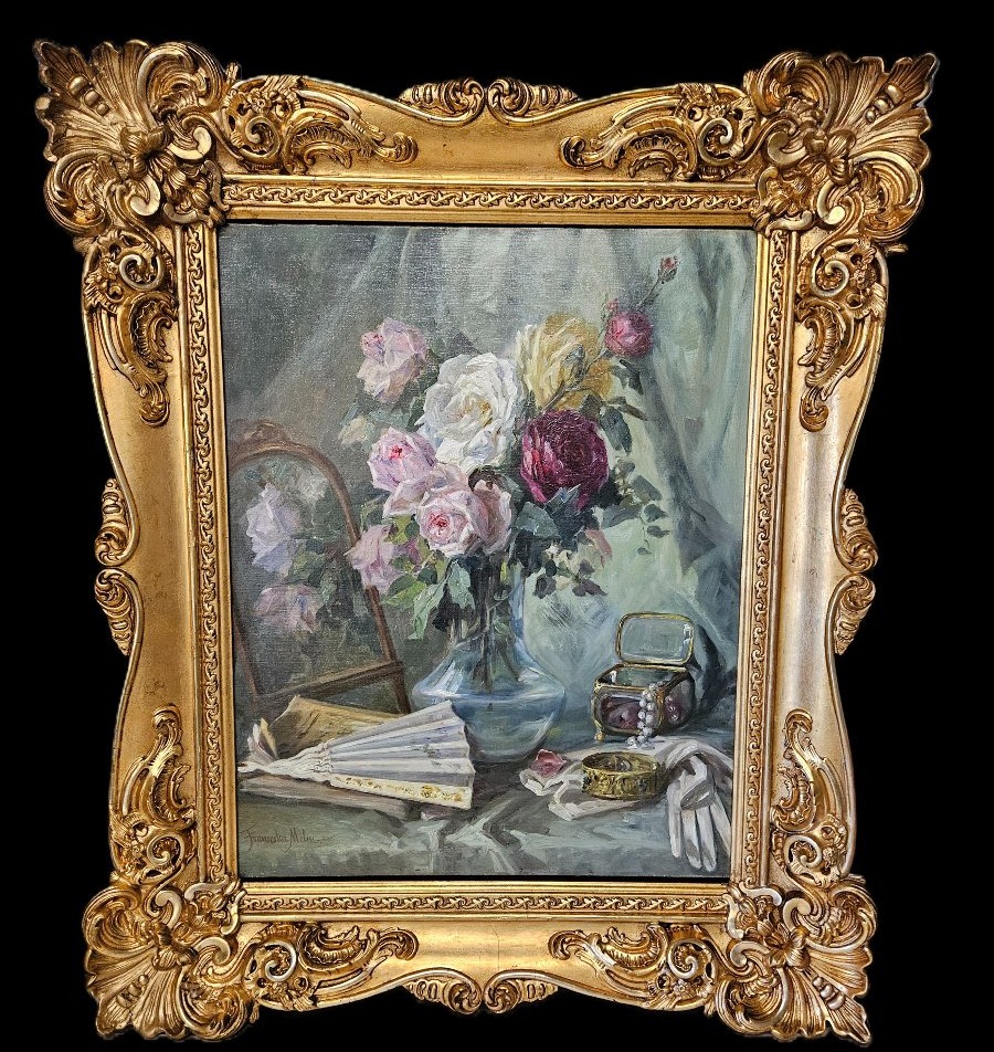 ELEGANTE NATURE MORTE AU BOUQUET DE ROSES VERS 1900