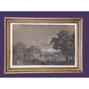DESSIN DU XVIIIème SIECLE VUE ARCHITECTURALE ET PAYSAGERE A L' ANTIQUE