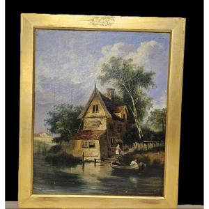 MAISON AU BORD DE L'EAU HUILE SUR TOILE XIXème siècle