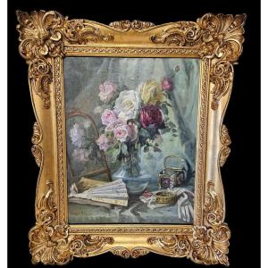 Elegant Still Life With A Bouquet Of Roses, Circa 1900