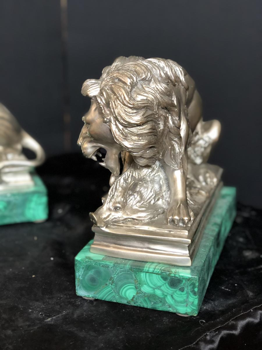 Couple De Lion En Bronze Argente Avec La Base En Malachite-photo-2