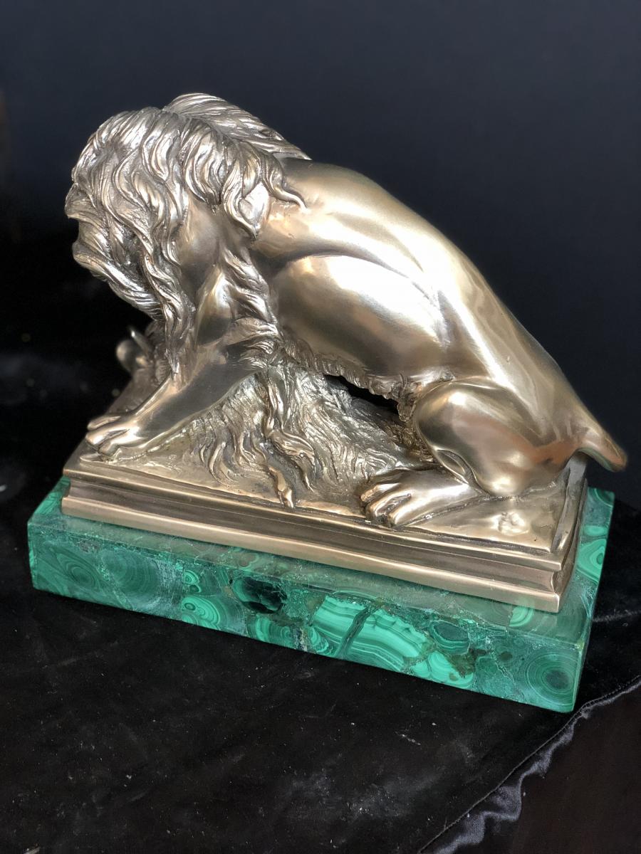 Couple De Lion En Bronze Argente Avec La Base En Malachite-photo-3