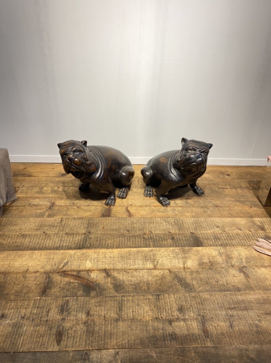 Pair Of English Bulldogs In Bronze From The 1950s-photo-4