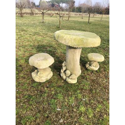 Stone Table With Two Stools From The 60s