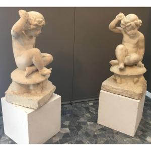 Pair Of Putti In Marble