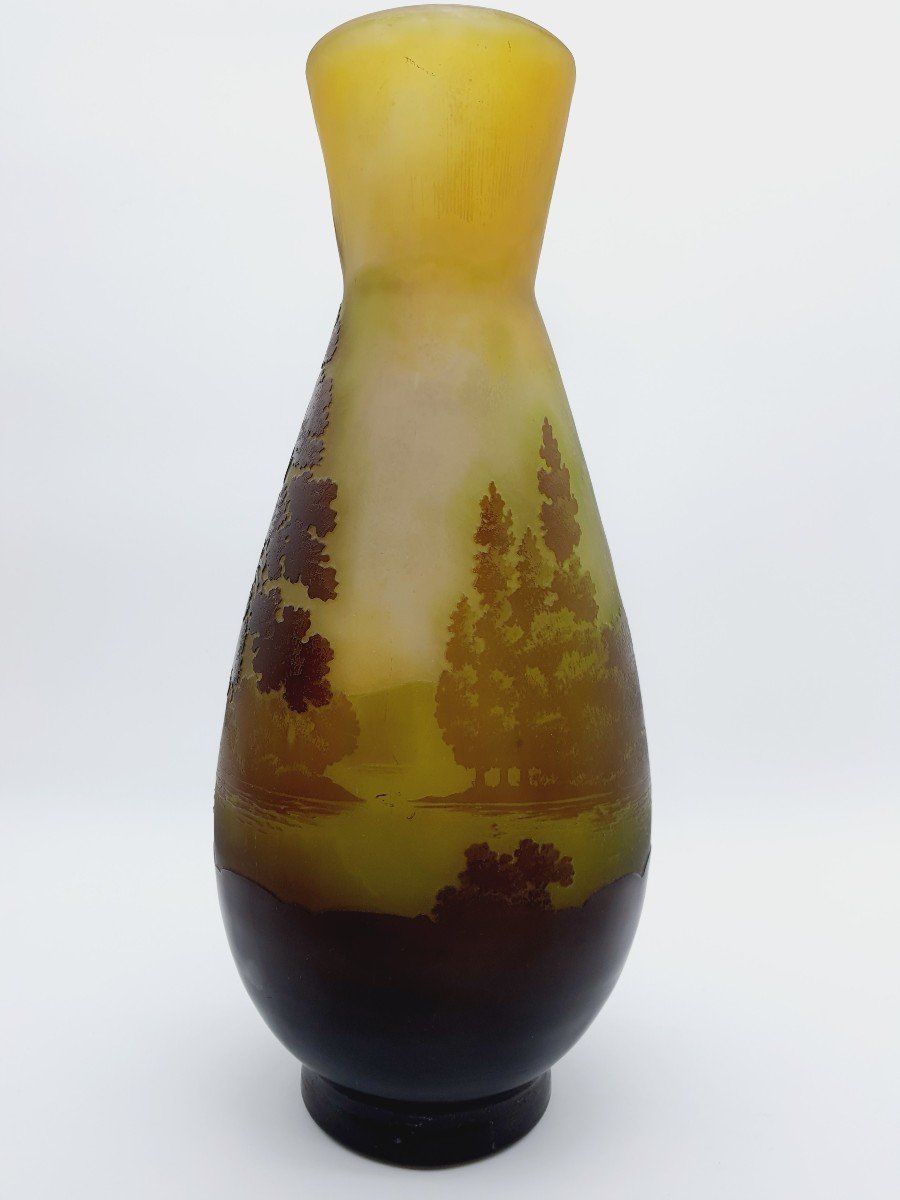 Gallé Lake Landscape Vase Acid-etched Multilayer Glass-photo-4