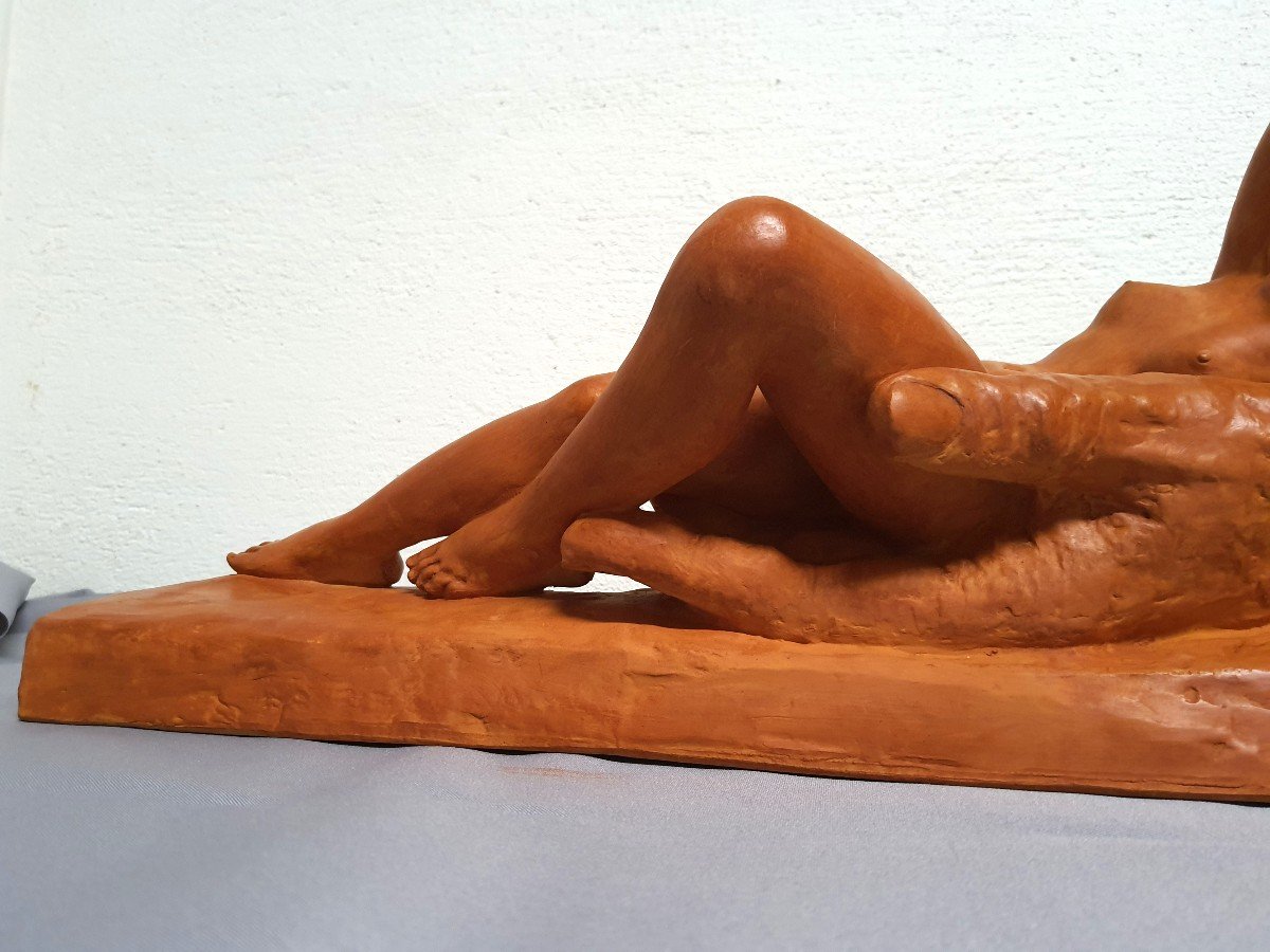 Art Deco Terracotta Sculpture Bouraine (1886-1948) Nude Lying In One Hand -photo-2