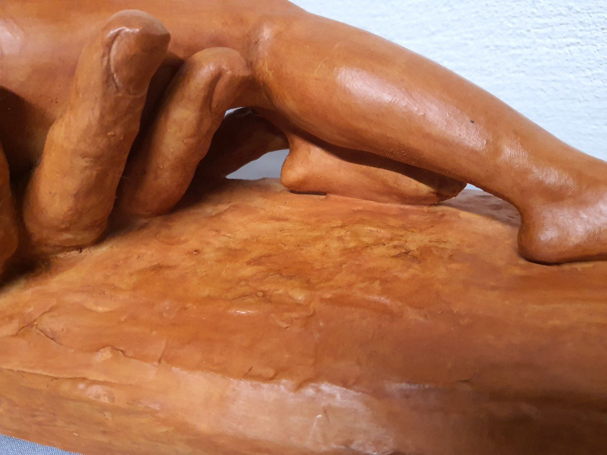 Art Deco Terracotta Sculpture Bouraine (1886-1948) Nude Lying In One Hand -photo-7