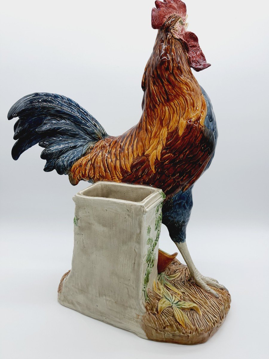 Important Rooster In Enameled Barbotine Choisy Le Roy Signed Carrier Belleuse Forming Flower Girl-photo-3