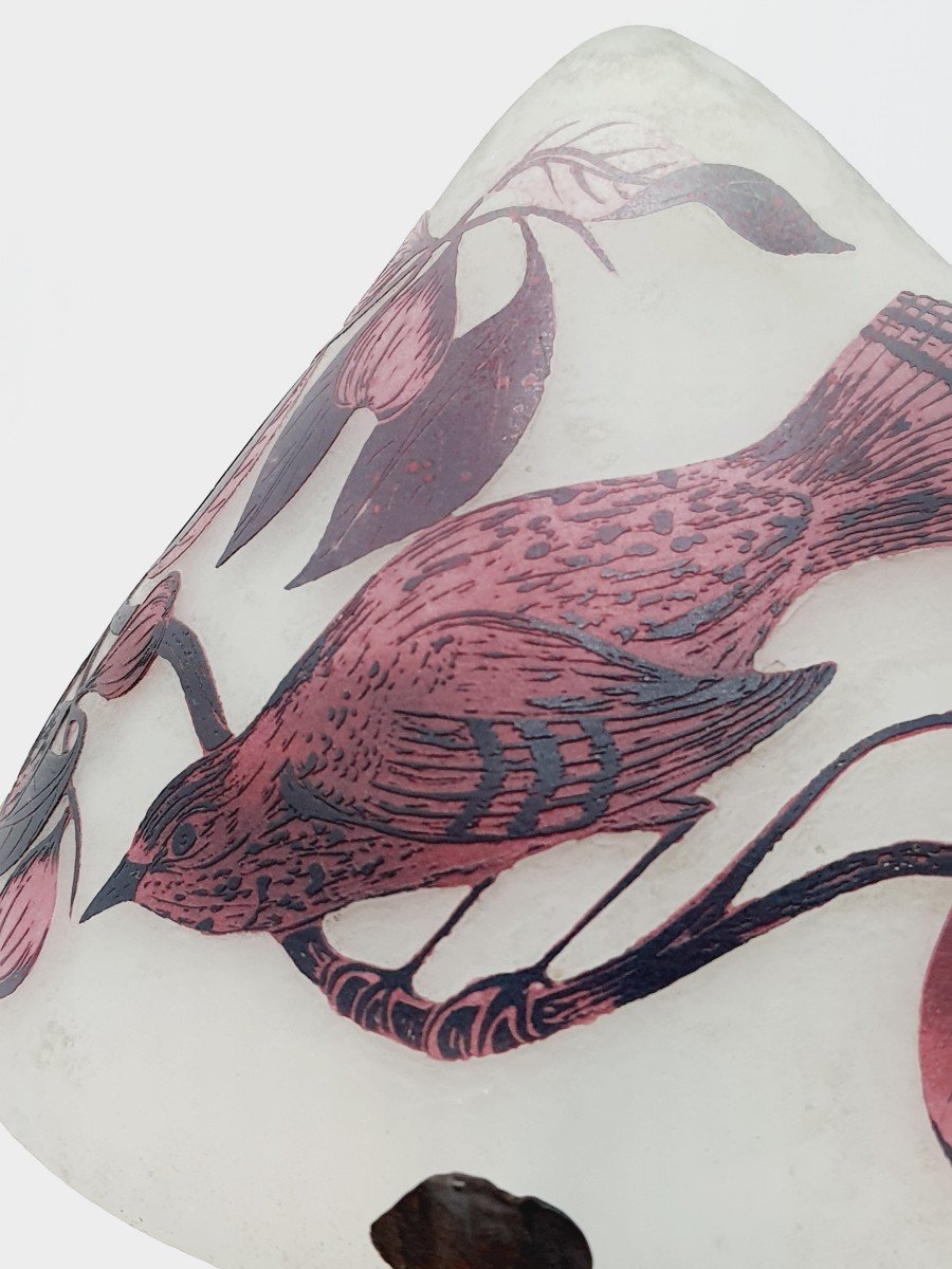 Lampe Art Déco Abat-jour En Verre Décor d'Oiseau Becfigue Dégagé à l'Acide-photo-4
