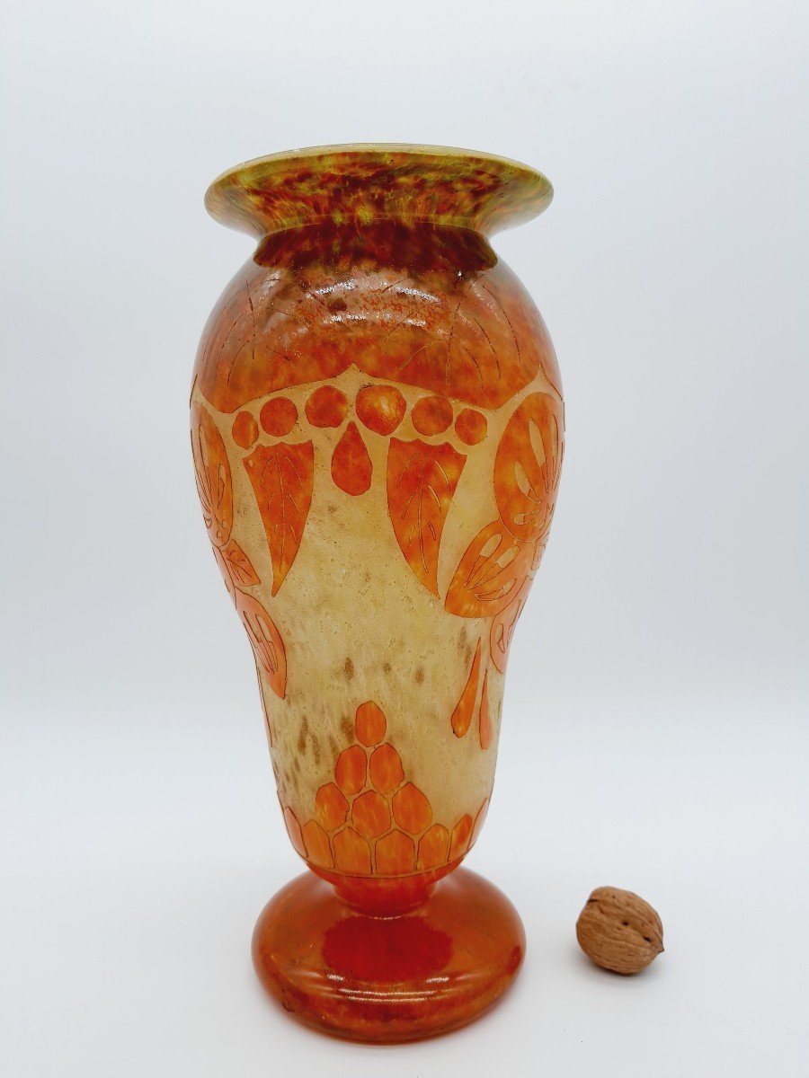 French Glass Vase Signature Au Berlingot Decor Coqueret (1919-1921)-photo-2