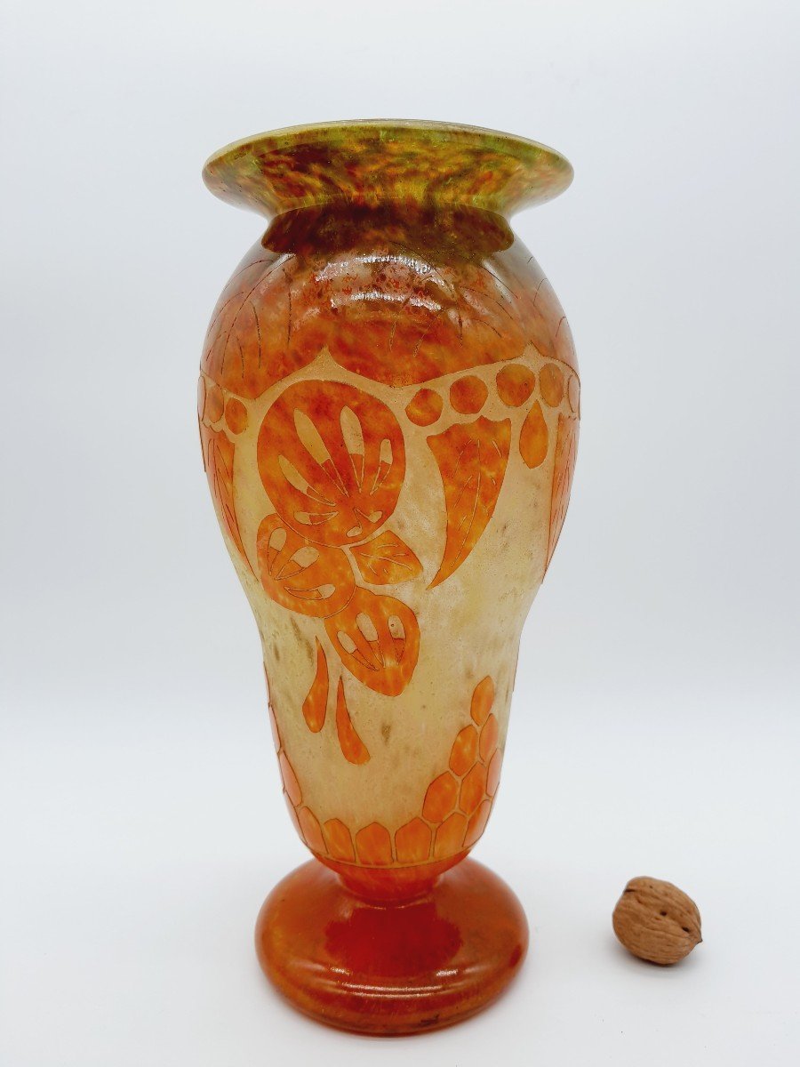French Glass Vase Signature Au Berlingot Decor Coqueret (1919-1921)-photo-3