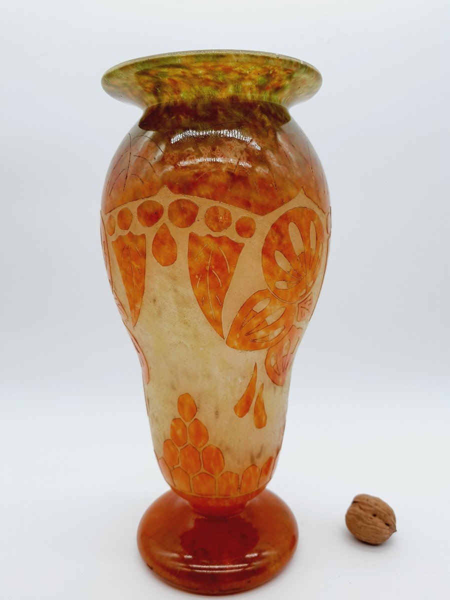 French Glass Vase Signature Au Berlingot Decor Coqueret (1919-1921)-photo-4