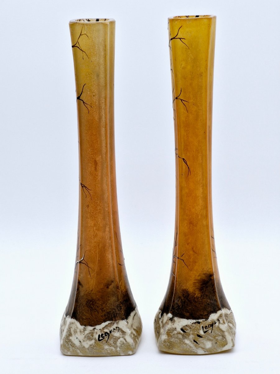Vases Legras Paire à Décor émaillé à La Neige Forme Quadragulaire-photo-2