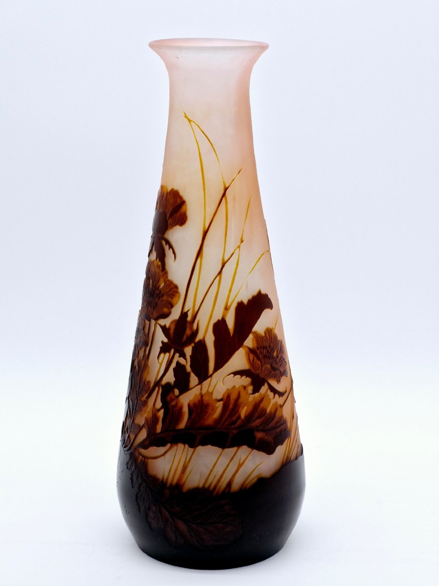 Gallé Vase Decor Leaves And Flowers Acid-etched, Shaded Pink Glass And Brown Base-photo-2