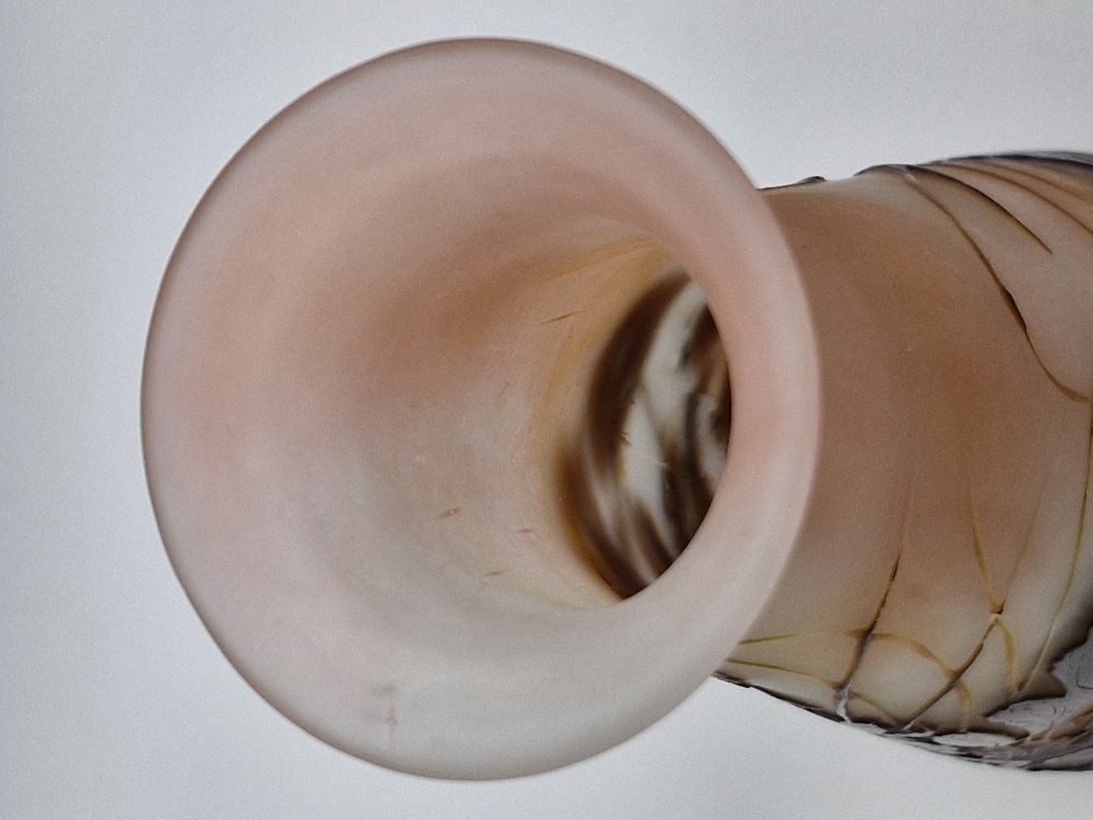 Gallé Vase Decor Leaves And Flowers Acid-etched, Shaded Pink Glass And Brown Base-photo-2