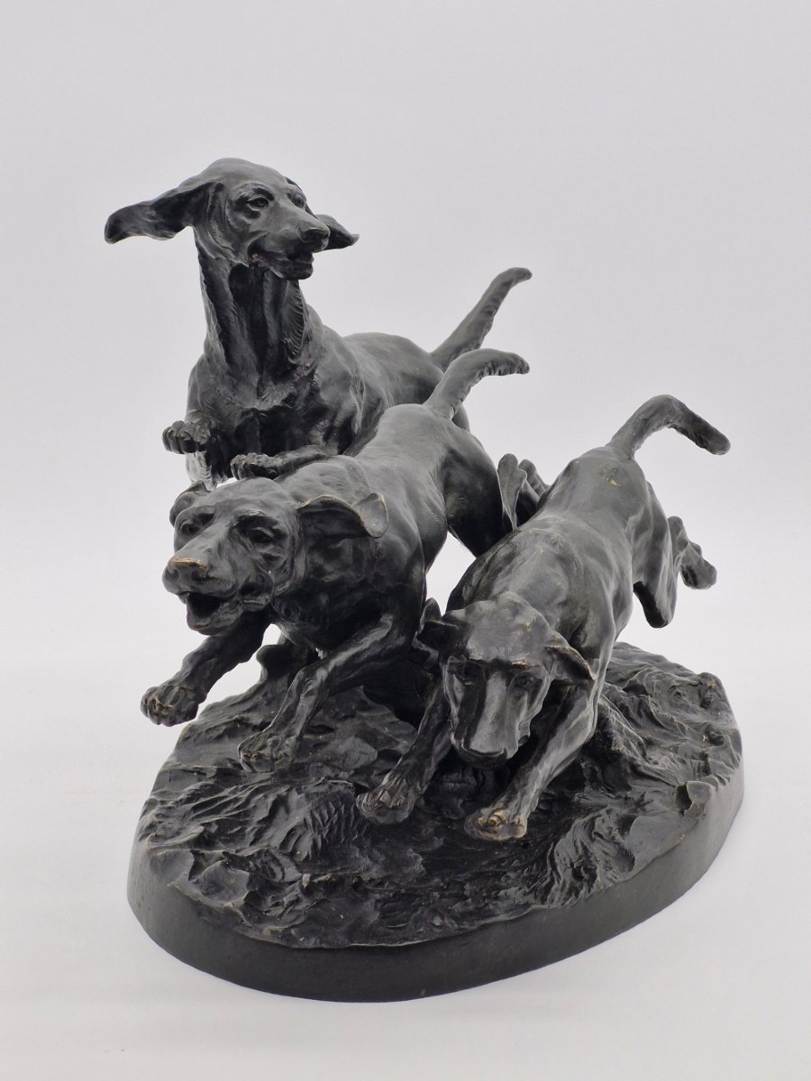 Bronze chiens courants ,  3 chiens Saint Hubert , Paul Edouard Dreux 1855-1947-photo-2