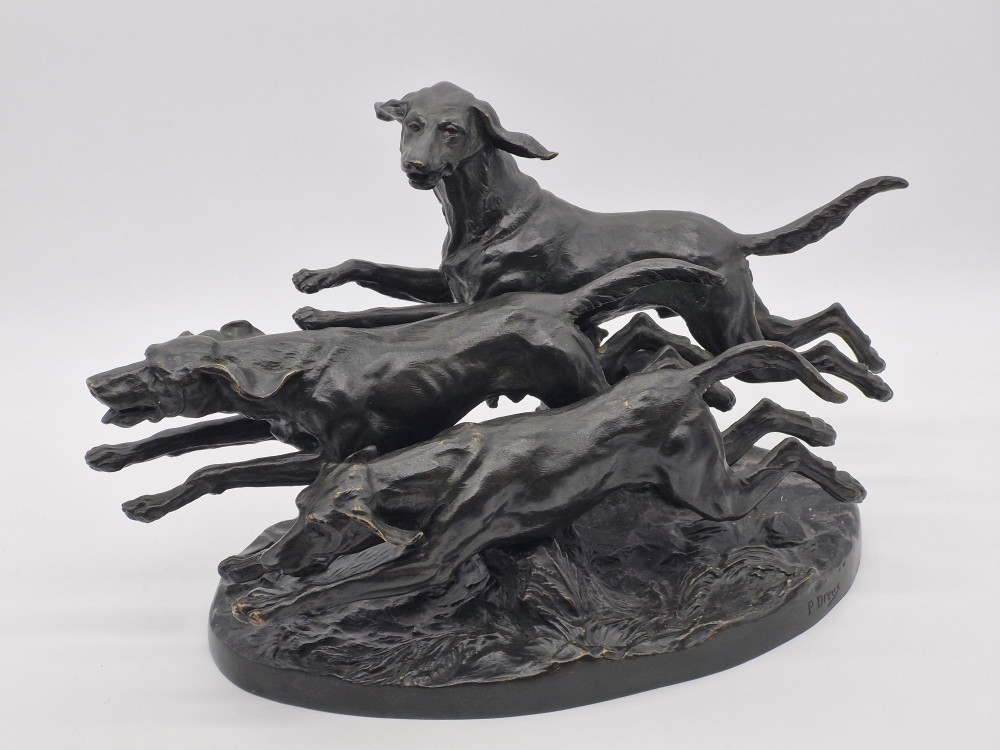 Bronze chiens courants ,  3 chiens Saint Hubert , Paul Edouard Dreux 1855-1947