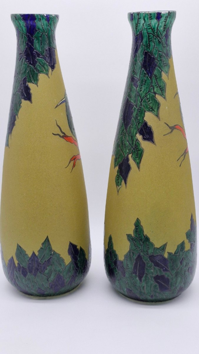 Très Grande paire de vases LEUNE  décor aux oiseaux 1922-1926-photo-4