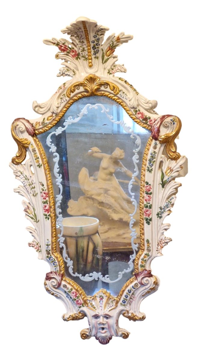Antique Mirror, 18th Century, White Majolica Ceramic-photo-2