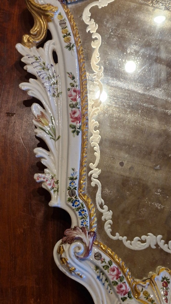Antique Mirror, 18th Century, White Majolica Ceramic-photo-3