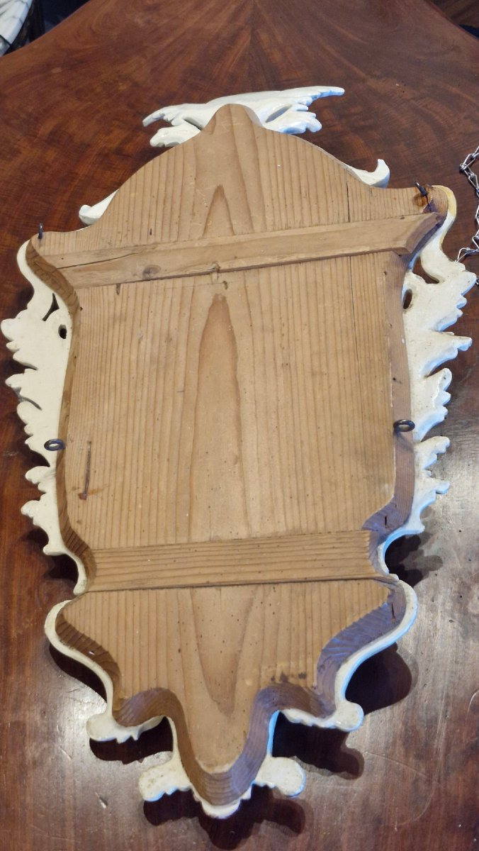 Antique Mirror, 18th Century, White Majolica Ceramic-photo-1