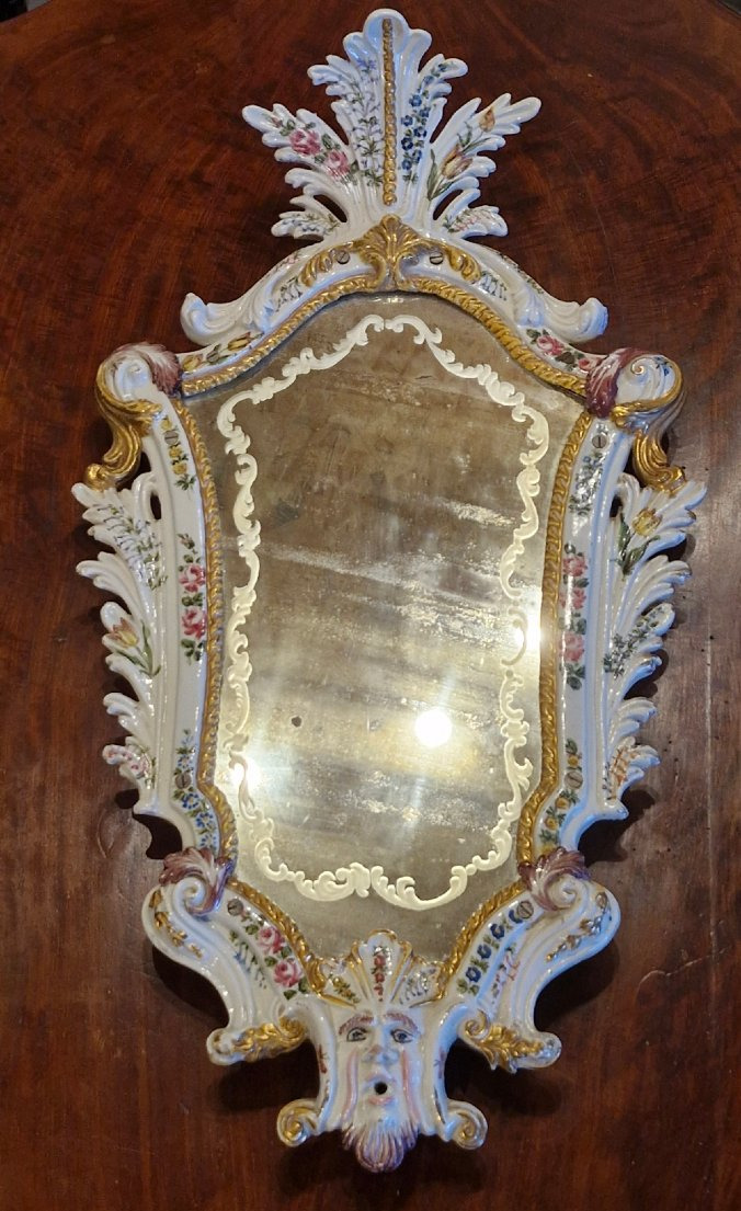 Antique Mirror, 18th Century, White Majolica Ceramic