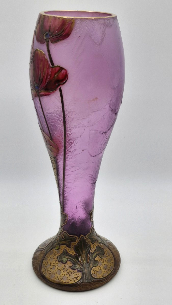 Montjoye Legras Vase With Poppy Design, Circa 1900, Height 38 Cm-photo-2