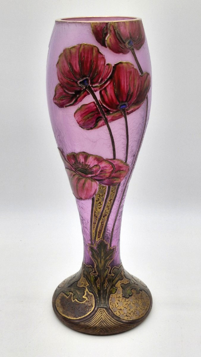 Montjoye Legras Vase With Poppy Design, Circa 1900, Height 38 Cm